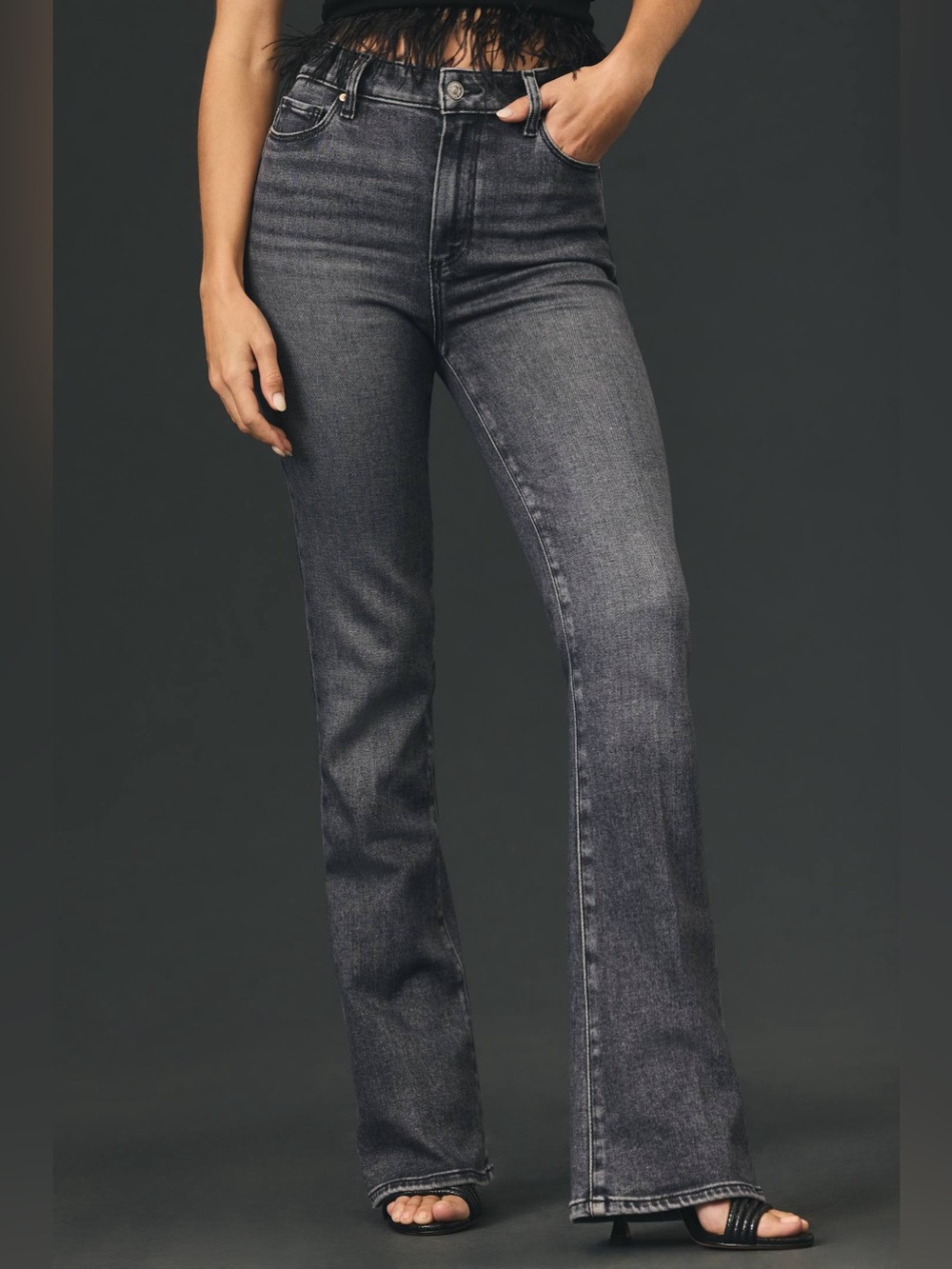 PAIGE Laurel Canyon High-Rise Flare Jeans Stretch Denim Wide Leg Grey Black